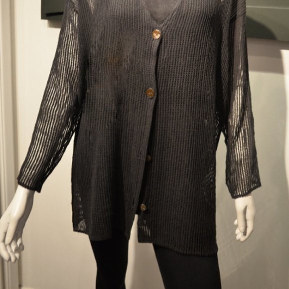 Farideh  BLACK COTTON MESH TUNIQUE CARDI-COVERUP - Picture 2 of 9